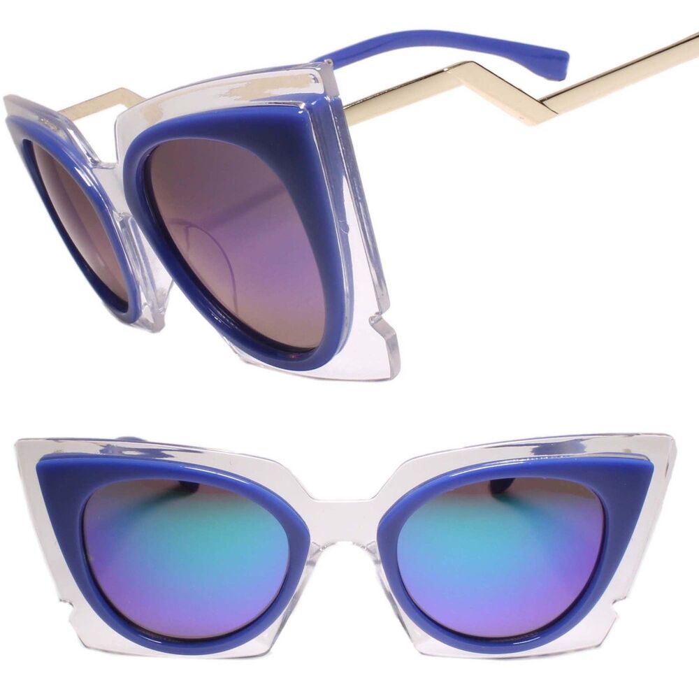 Designer Stylish Fancy Eclectic Womens Cat Eye Sunglasses Blue Mirrored Lens